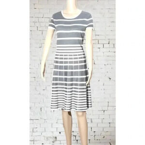 Women's grey and cream striped short sleeve sweater dress by Gabby Style L